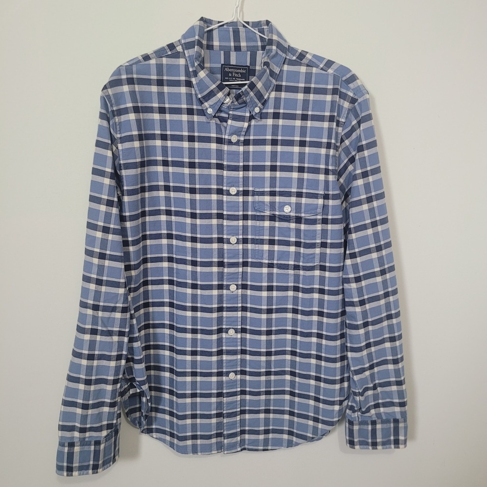 Abercrombie & Fitch Size L Button Down Shirt Mens Blue White Plaid Long Sleeve